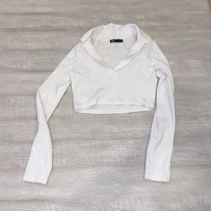 Zara Women's Brown Ribbed Collared V-Neck Long Sleeved Crop Top Size Small